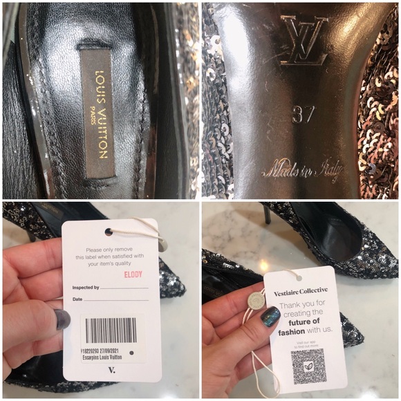 LOUIS VUITTON Liza Sequin Black & Silver Pointy Toe Pumps Noir SZ 37 - Picture 17 of 17